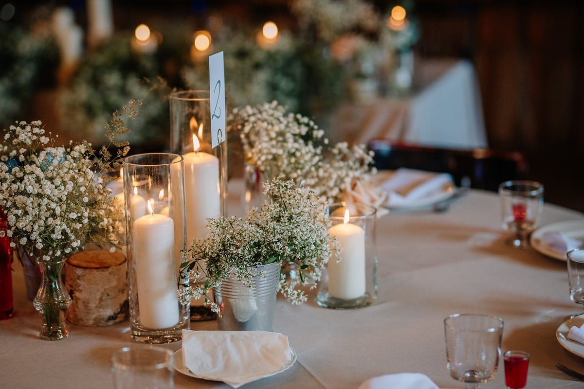 Elegant wedding table centerpiece with candles and flowers